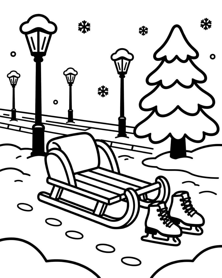 A sled ready for a snowy outdoor adventure on a quiet street lined with snow-capped lampposts, with a snow-covered pine tree and a pair of ice skates nearby.