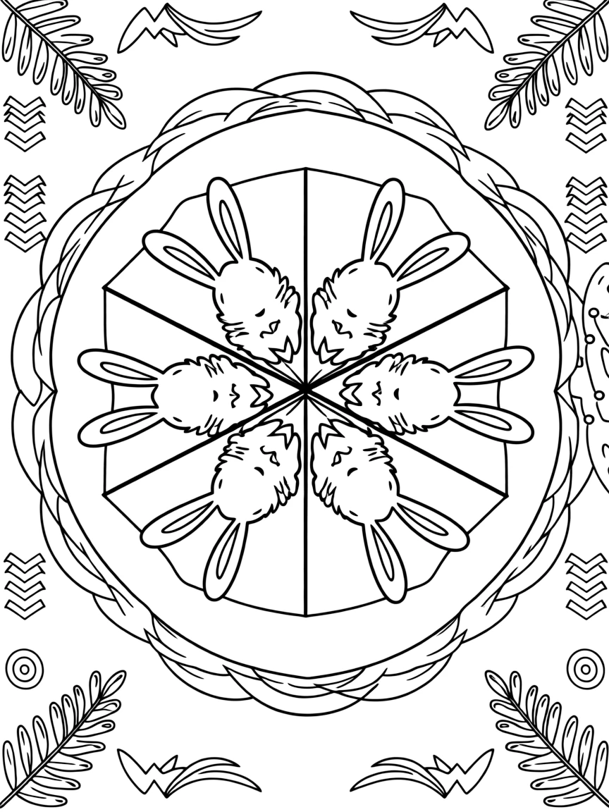 Woodland Animals: The design turns a rabbit with long ears laid back in a happy hop into a kaleidoscope-style composition anchored by a hexagon-based mandala built from six matching wedges. The imagery is split into four mirrored quadrants that meet at the center, each quadrant a rotated echo of the next. Decorative details fill the surrounding space, including curling fern-frond shapes, ribbons folded into gentle zigzags, and rows of arrow-shaped chevrons woven throughout the background. A playful extra touch completes the page: a few tiny footprints trailing off toward one edge of the page.