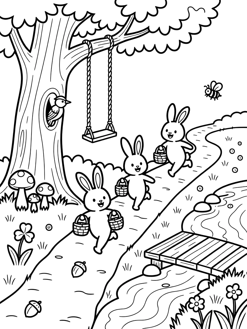 [Enchanted Forest] A cheerful family of rabbits hops along a winding forest trail, baskets in paw for a woodland picnic. A woodpecker taps at a tree trunk overhead as bumblebees buzz around a patch of clover. The path winds past a giant oak tree with a rope swing, colorful toadstools, and a bubbling brook crossed by a small wooden bridge. Sunlight filters through the leaves, and a trail of fallen acorns leads toward a hidden clearing sparkling with morning dew.