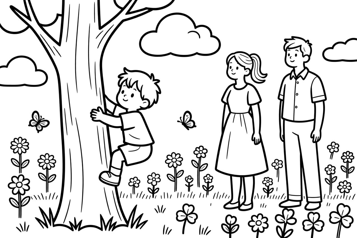 A shy toddler climbing a tree with a mom and dad in a meadow full of wildflowers while fluffy clouds drift by.