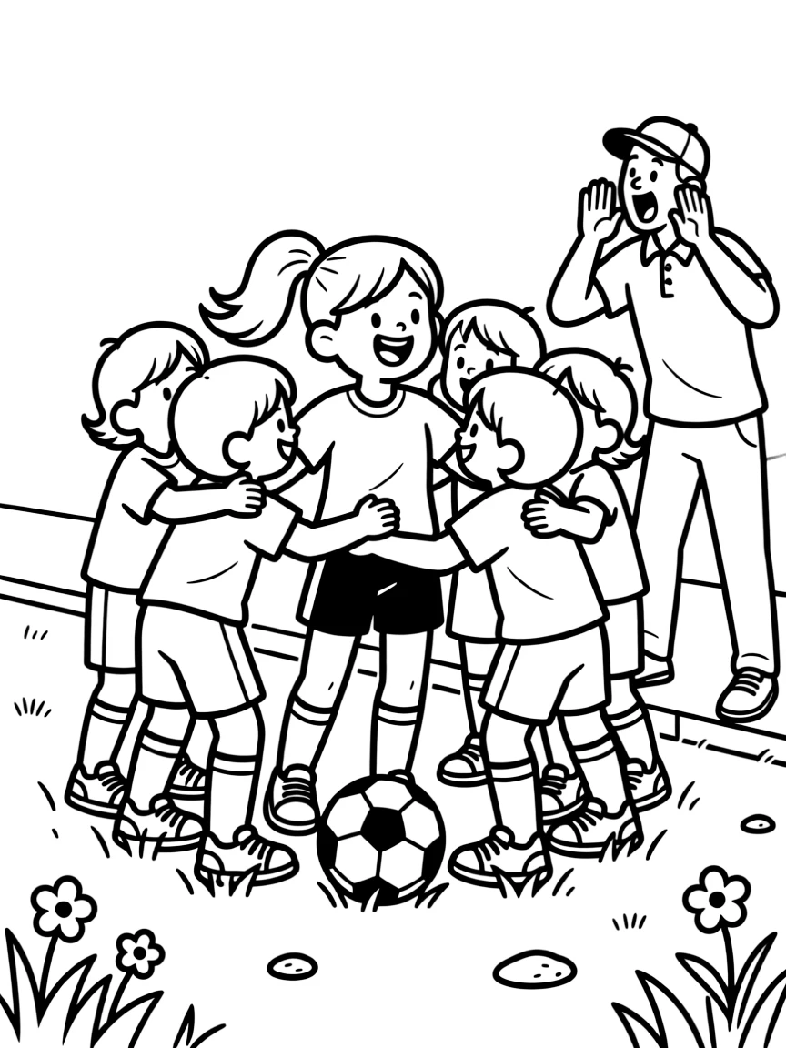 An energetic girl with a big smile, huddling with the team to call the next play, coach shouting encouragement from the sideline.