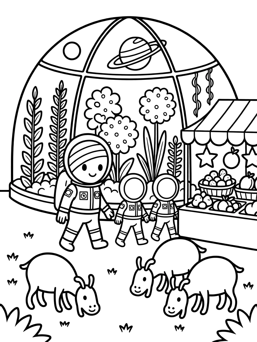 Plorf, an alien with rainbow-striped skin leading younger cadets on their first spacewalk, in a greenhouse dome growing plants from a dozen different planets, with a busy market stall selling glowing fruit and a herd of gentle six-legged alien creatures grazing nearby nearby.