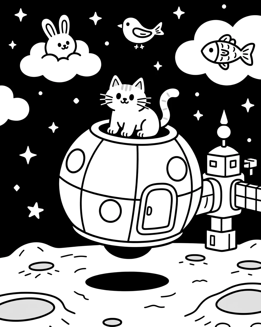 This coloring page shows a round astronaut capsule floating near a space station making its way across the dusty gray surface of the moon under a starry sky, accompanied by a curious cat perched on the hood, while fluffy clouds shaped like animals drifting overhead adds extra charm to the scene.