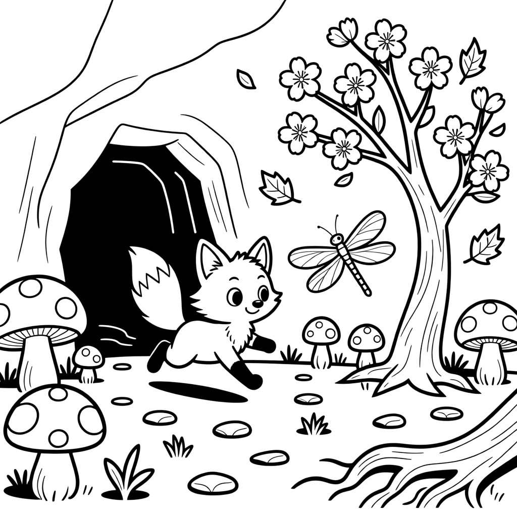 A dragonfly racing playfully alongside a tiny fox kit in a cave glowing with mushrooms, near a blooming cherry blossom tree, as autumn leaves swirl in the wind.
