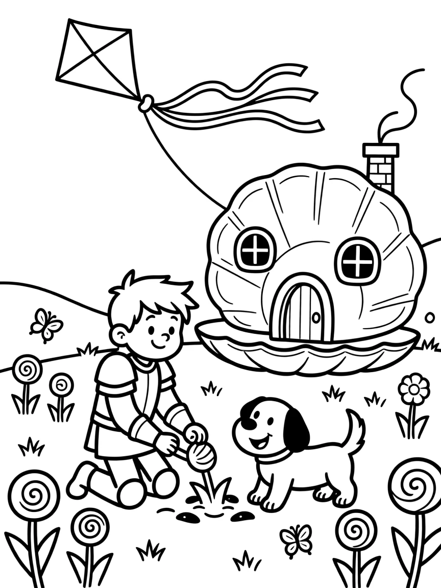 A clumsy boy knight and his puppy squire takes a break from adventures to try planting a garden of lollipop flowers inside a giant seashell that doubles as a cottage, with a kite tail fluttering with colorful ribbons close behind. Giggles echo happily through the whole valley.