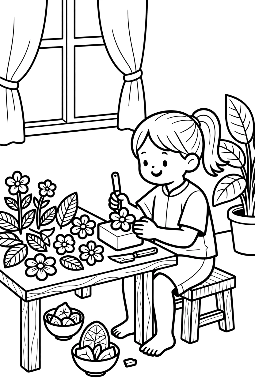 A coloring page showing a creative craft moment in Thailand: a child helping carve a flower from a block of soap or fruit, with finished pieces displayed proudly on a nearby table.