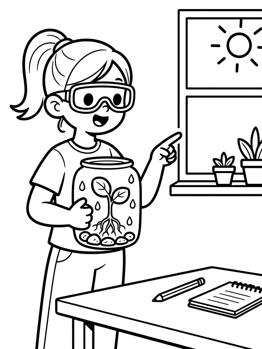 a proud little girl in safety goggles grows a bean sprout in a clear jar, tracking its roots against the glass.