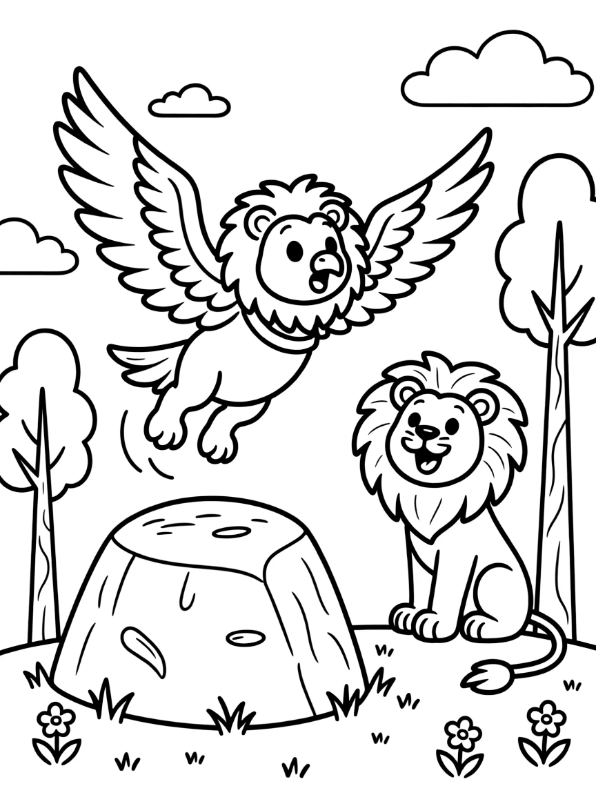A baby griffin tumbles clumsily while learning to fly, its eagle wings flapping wildly as its lion sibling watches and laughs from a nearby rock.