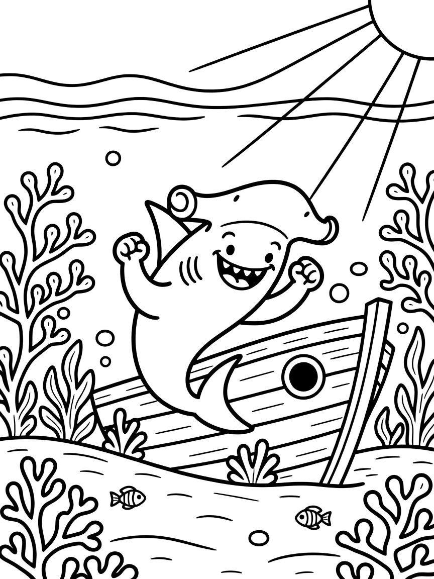[Sharks] A dynamic scene shows a hammerhead shark circling a sunken ship near a coral reef, cheering with both fists raised. Close by, coral formations rise from the ocean floor. Its fin cuts smoothly through the water. The moment unfolds in the late afternoon, under clear blue skies, filled with energetic detail perfect for a young colorist.