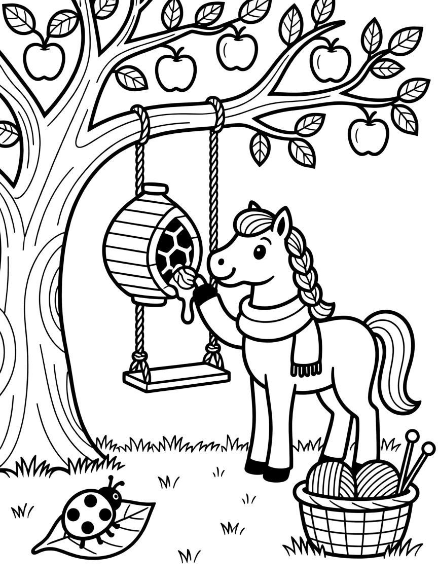 A pony with a flowing braided mane is harvesting honey from a friendly beehive in an orchard swing hanging from an old apple tree. Nearby, a curious ladybug resting on a leaf and a basket of yarn and knitting needles nearby bring the scene to life.
