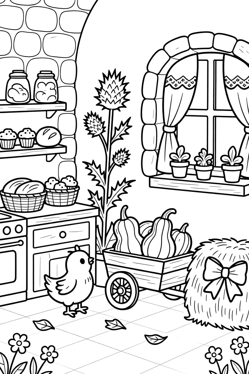 A thistle blooming beside a stone cottage in a cozy kitchen with the smell of fresh-baked treats, while a tiny chick looks on nearby, a wagon full of gourds and a hay bale decorated with a bow completing the scene.
