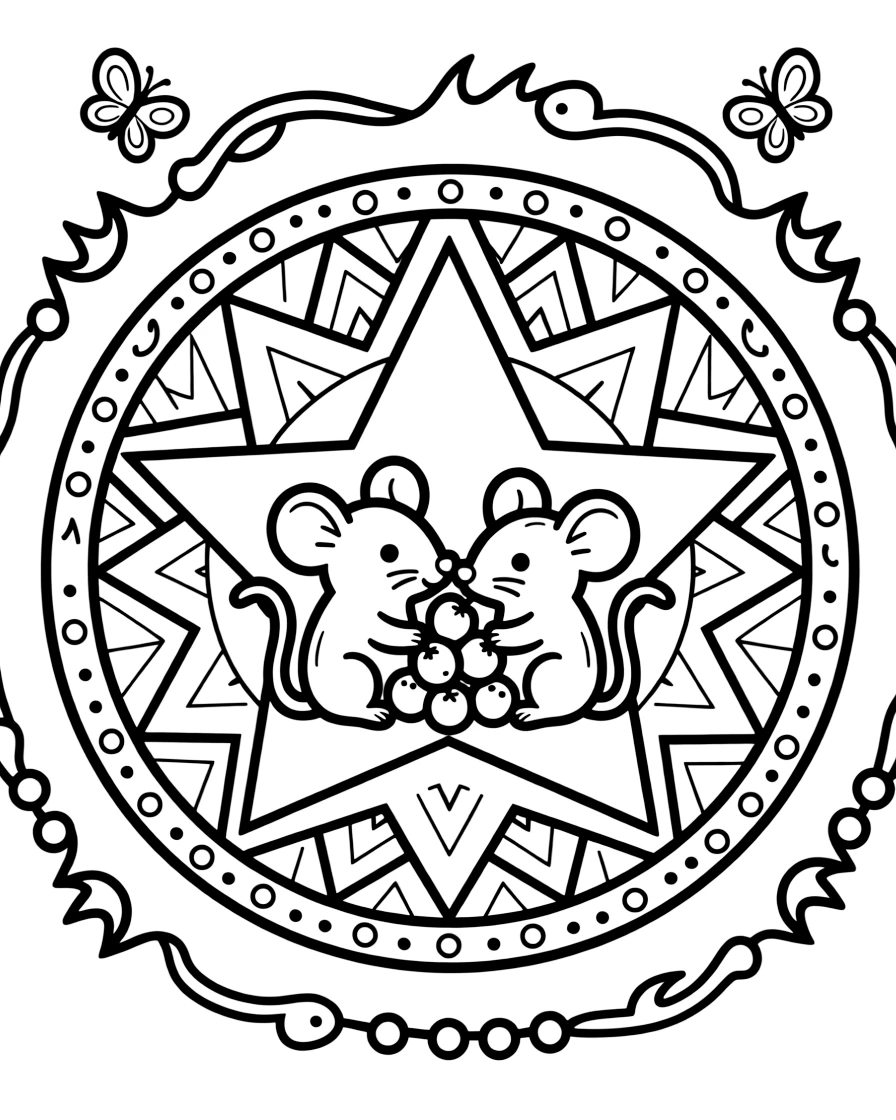Woodland Animals: The main subject is a family of woodland mice sharing a berry, drawn as the focal point of an eight-point star mandala framing the design. It is placed at the very center of the page, with the surrounding rings growing larger and more detailed toward the outer edge. Decorative details fill the surrounding space, including a trail of evenly spaced dots, flame-shaped tips curling upward, and nested triangle shapes woven throughout the background. A playful extra touch completes the page: a pair of small butterflies fluttering near the top of the page.