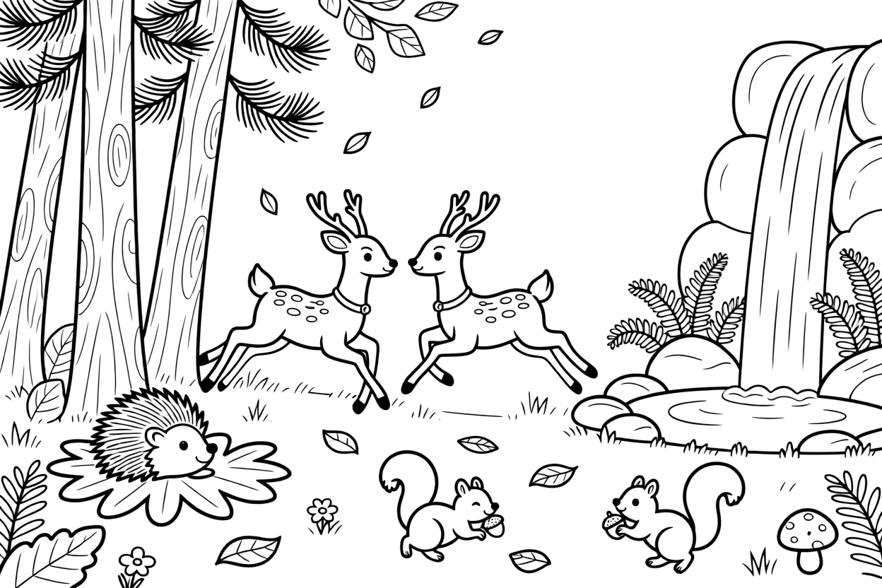 [Enchanted Forest] Two young deer play tag around a cluster of tall pine trees in a sunlit forest clearing. A pair of hedgehogs nap on a bed of soft leaves as chipmunks scurry by carrying acorns. A tall waterfall trickles into a small pond edged with smooth stones and clusters of wild ferns. A gentle breeze rustles the leaves overhead, scattering a few petals across the forest floor.