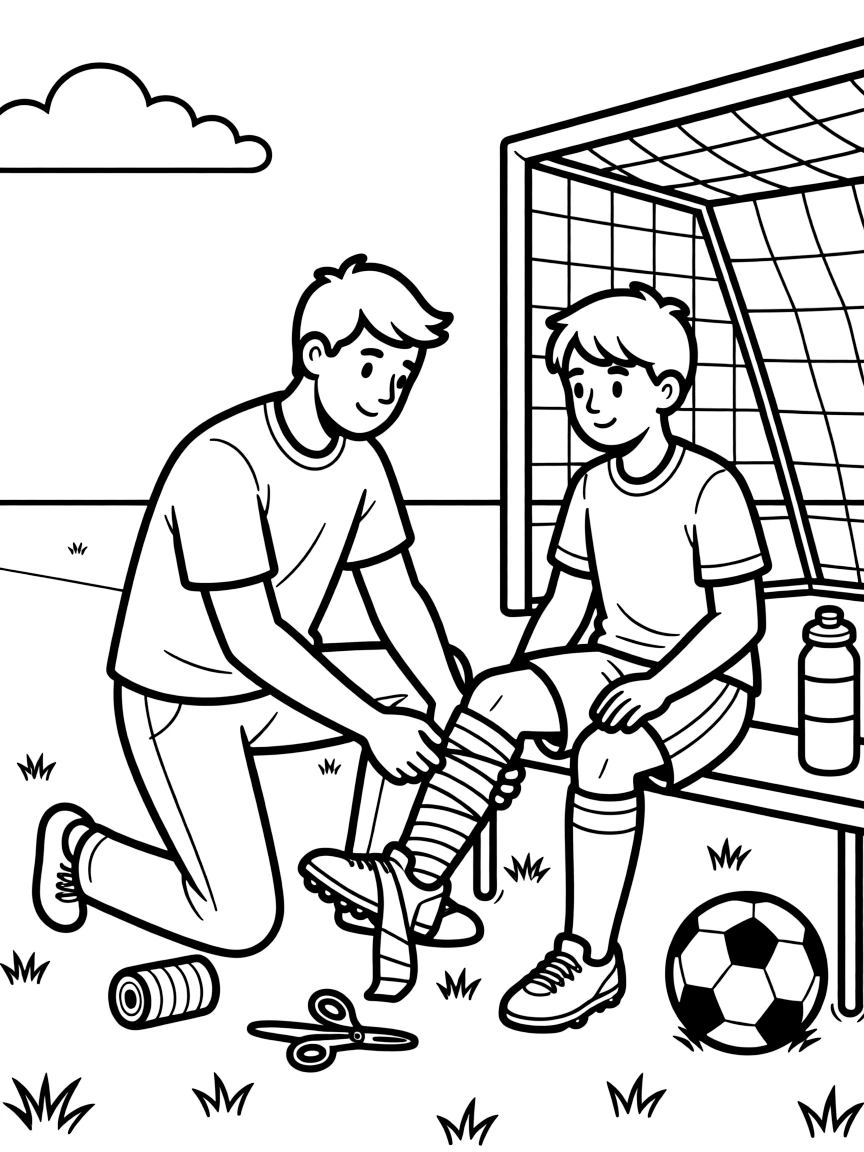A sports medicine doctor wraps an athlete's twisted ankle on the sidelines of a soccer field.