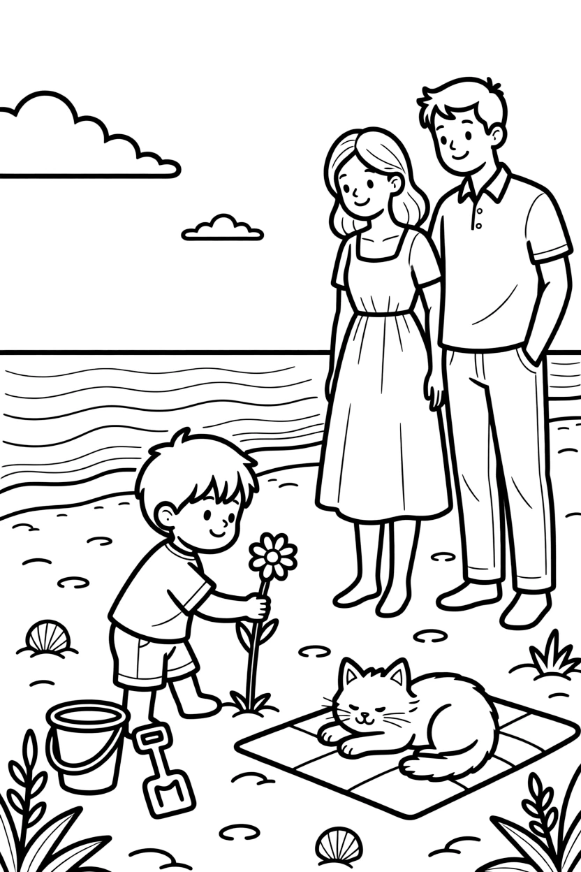 A curious toddler picking a daisy with a mom and dad at the beach while a kitten naps in a sunny spot.