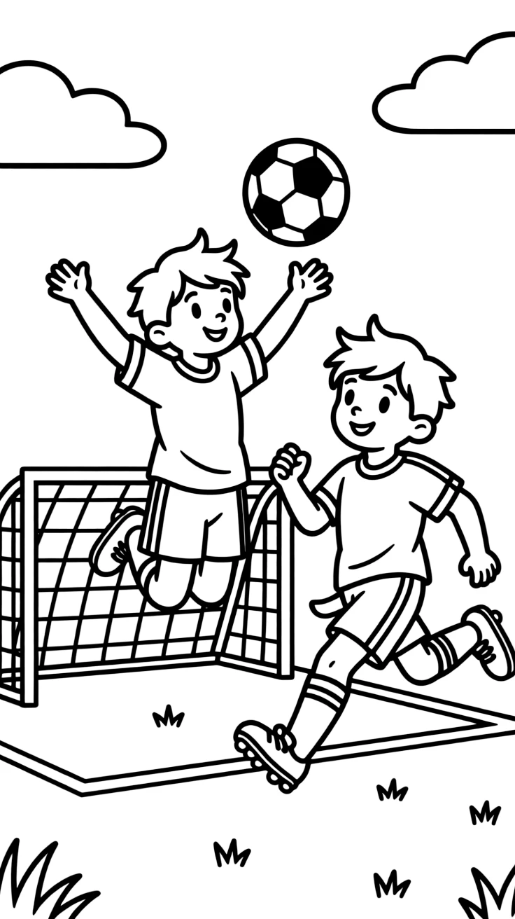 A pair of twin siblings, intercepting a pass mid-air and racing the other way toward the goal line.