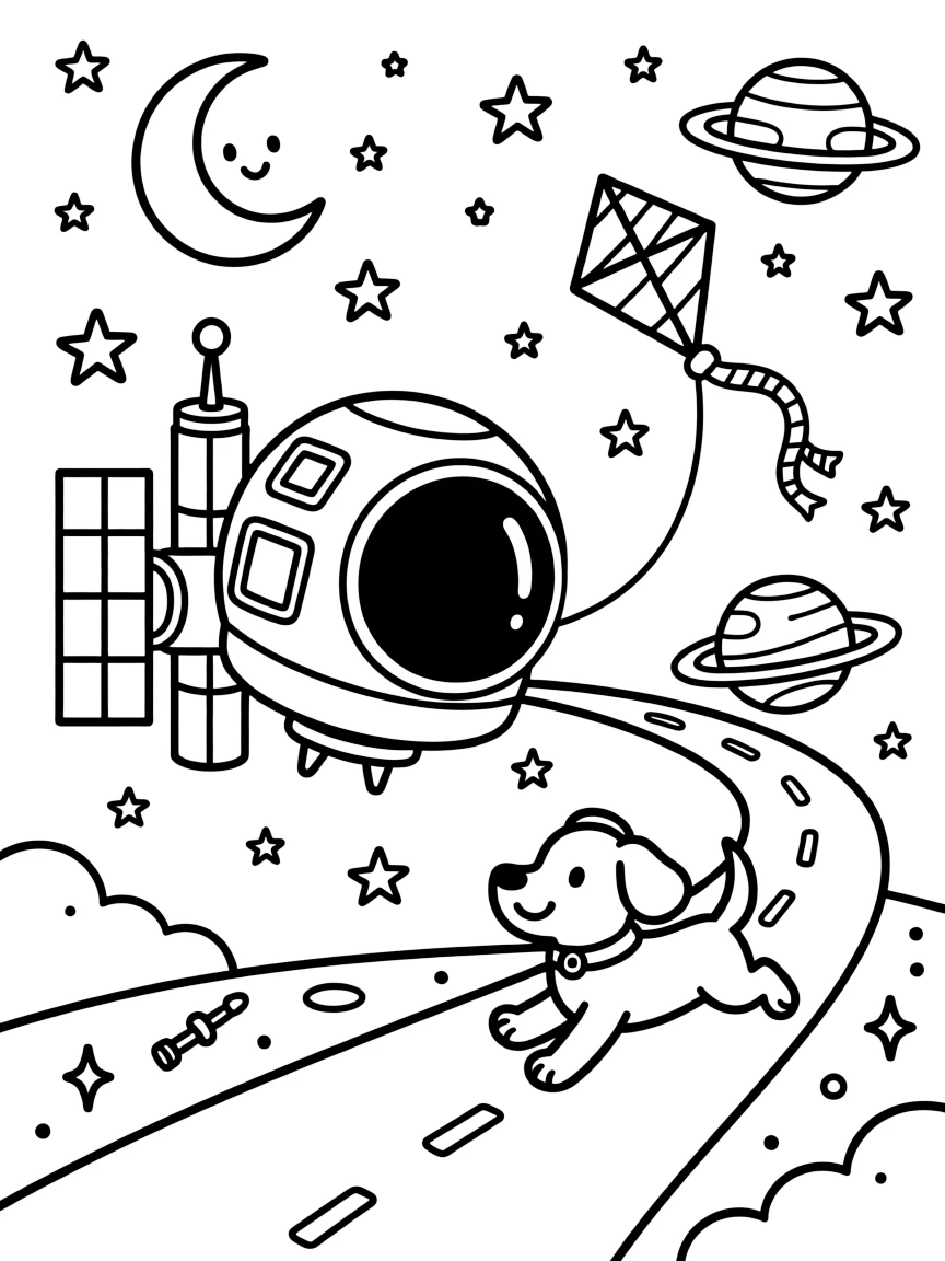 This page centers on a round astronaut capsule floating near a space station exploring outer space, dotted with twinkling stars and colorful planets, featuring an excited puppy chasing along the road and little extras like twinkling stars and a smiling crescent moon above and a kite dancing in the breeze above.