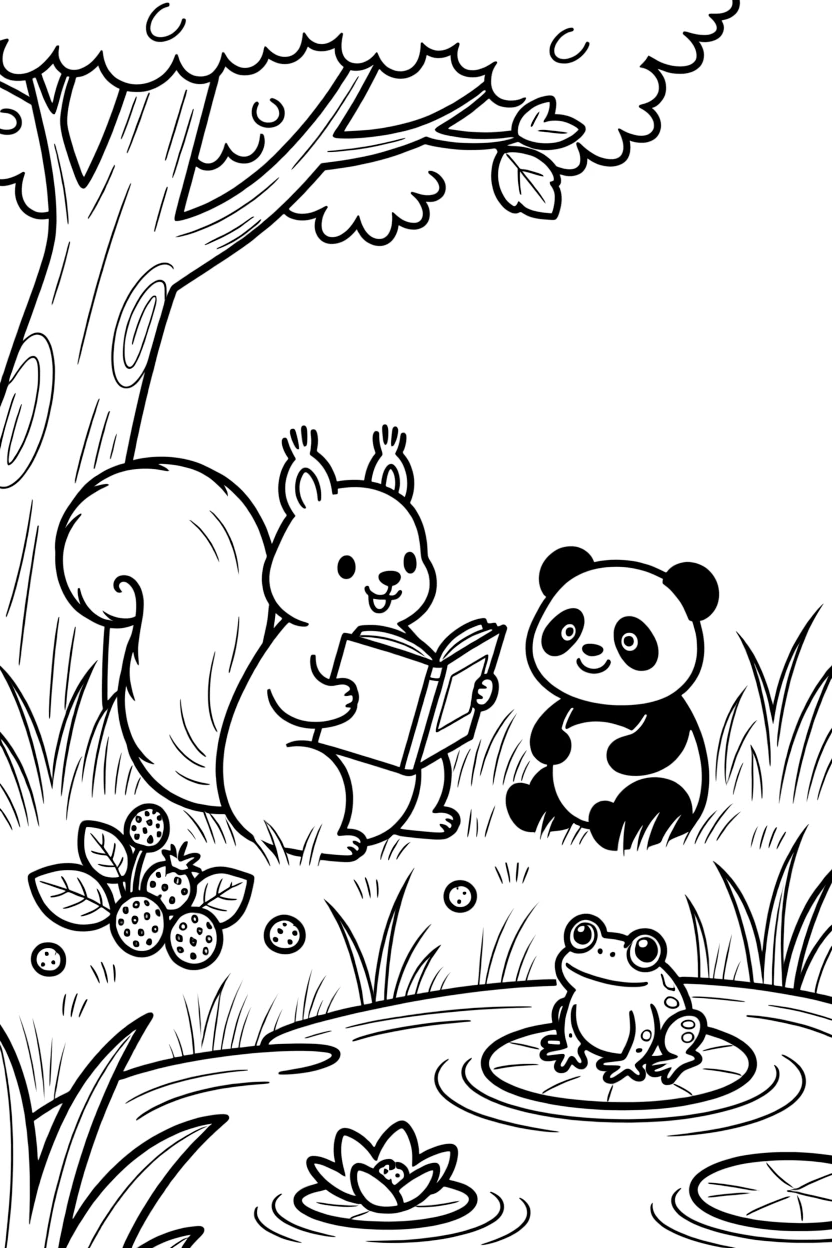 A squirrel in a field of tall grass, reading a storybook under a tree with a panda cub, next to a patch of wild strawberries, while a curious frog watches from a lily pad.