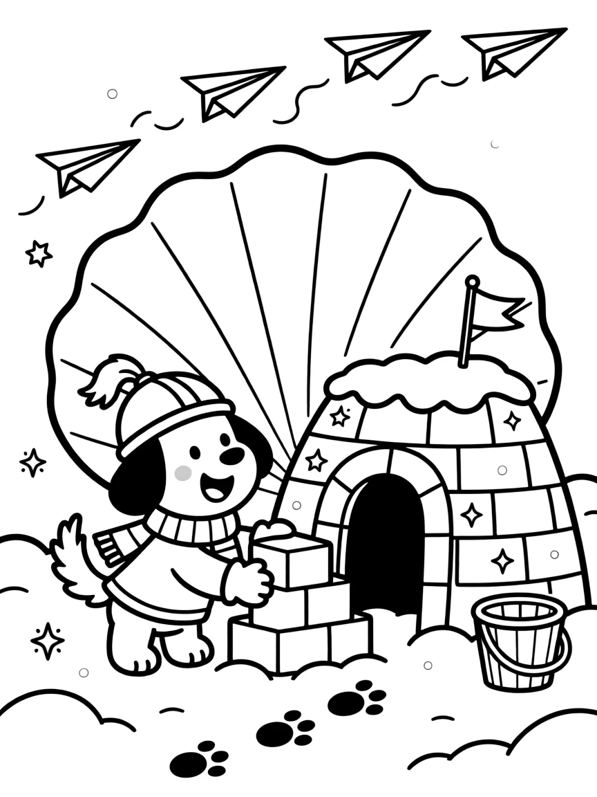 Inside a giant seashell that doubles as a cottage, a silly knight in training puppy discovers the joy of building an igloo fort with sparkling snow bricks, while a flock of paper airplanes soaring overhead watches happily nearby. Everyone is laughing and having the best time.