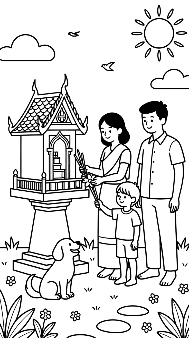 A coloring page capturing everyday life in Thailand: a family placing offerings of flowers and incense at a small spirit house, with a loyal pet nearby and a warm sun shining overhead.
