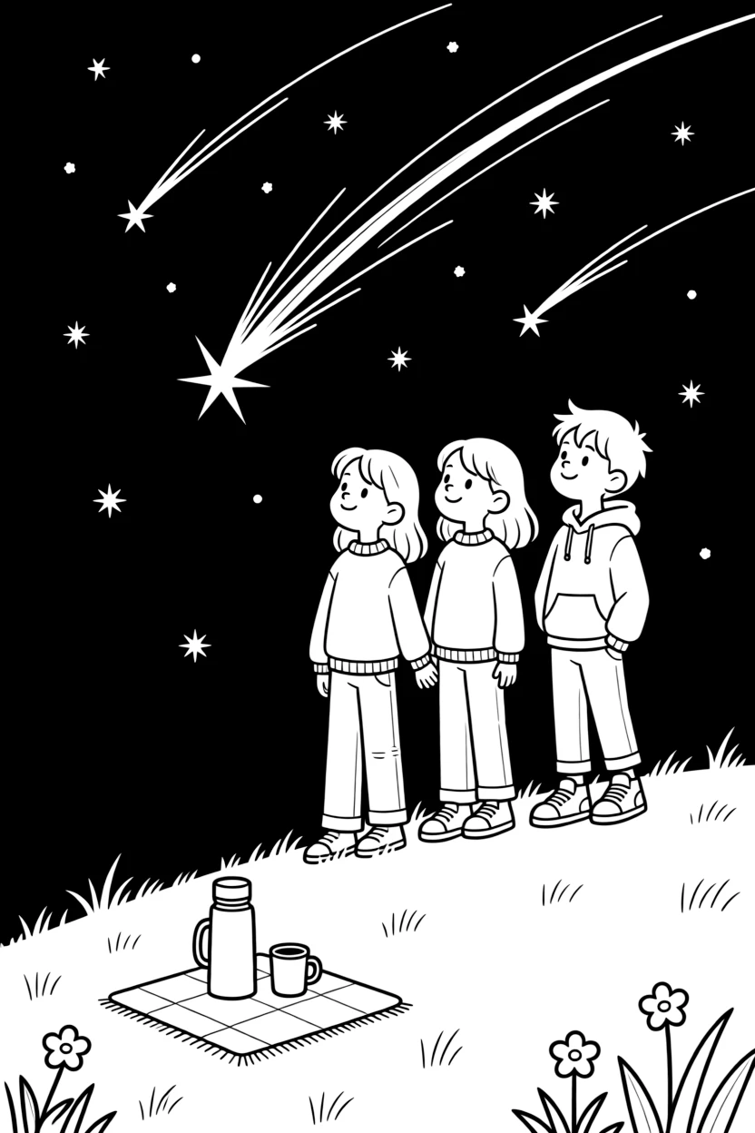 a proud group of three kids watches a meteor shower from a hilltop with a thermos of hot cocoa nearby.