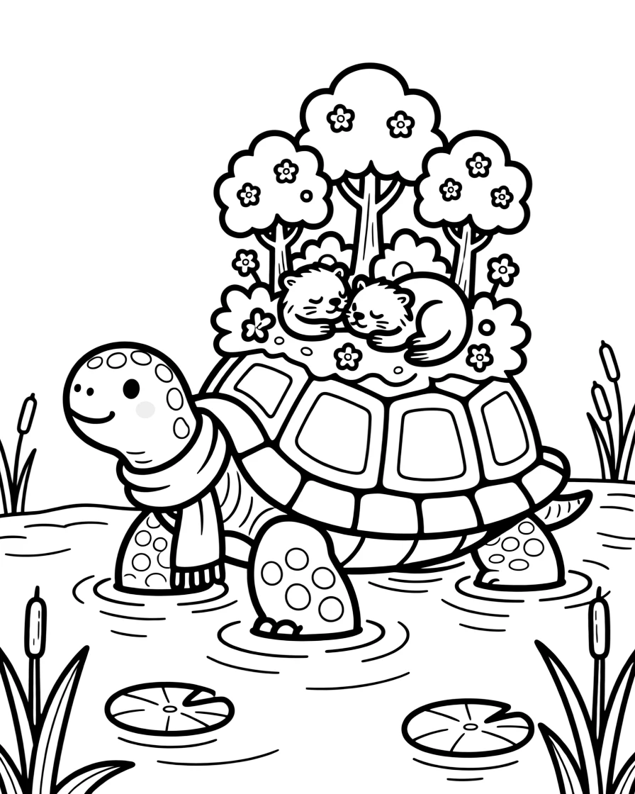 A wise old turtle with a miniature forest growing on its shell slowly wades through a swamp, carrying a family of otters napping among the tiny trees.