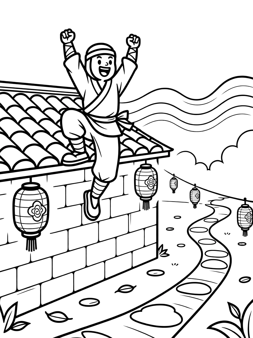 [Ninjas] a ninja practicing in a training yard climbing a stone wall with quiet steps atop a tiled rooftop, cheering with both fists raised, while lanterns glow softly along a path fills the surrounding area. Soft-soled shoes allow for quiet steps. Set on a foggy morning, with heat waves shimmering in the distance, the page bursts with adventure and imagination.