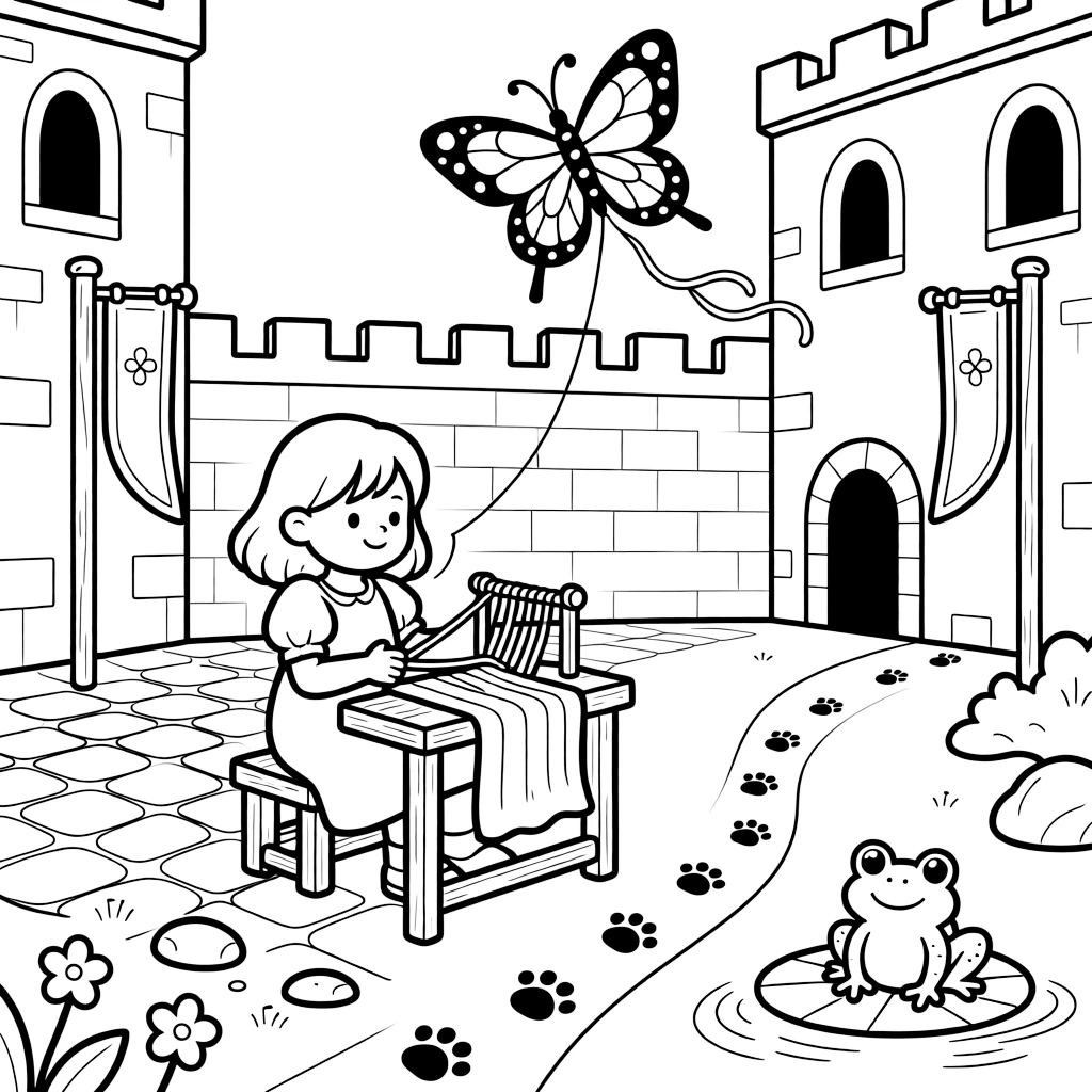A girl weaver working at a small loom is flying a colorful kite shaped like a butterfly inside a castle courtyard with fluttering banners. All around, a trail of tiny paw prints leading away and a friendly frog perched on a lily pad give the moment a cozy feel.