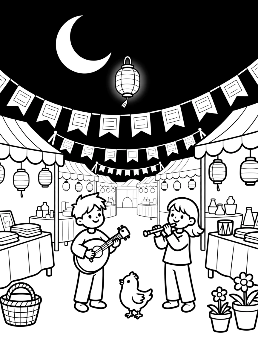 A lantern drifting past a crescent moon at an open-air night market lit with glowing lanterns, alongside a tiny chick and strings of fluttering prayer flags, with musicians playing lively instruments close by.