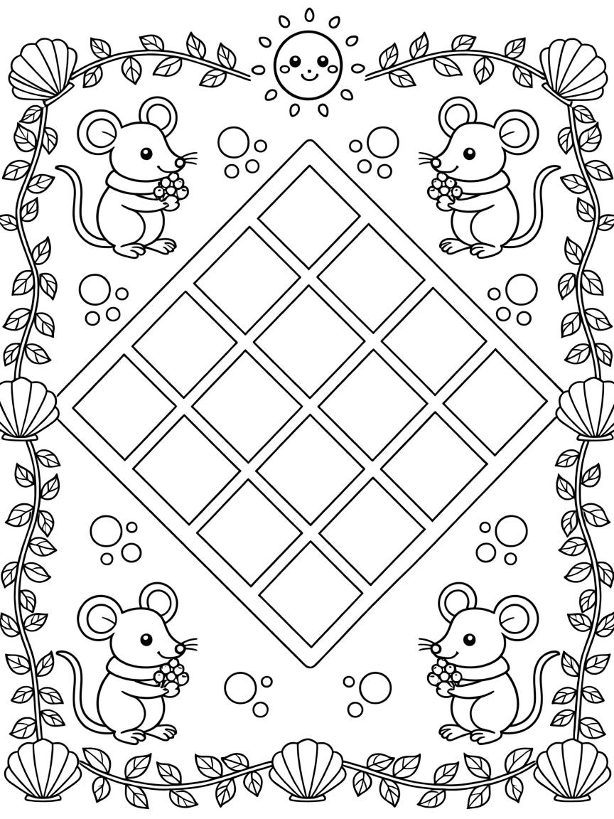 Woodland Animals: The page centers on a repeating motif of a family of woodland mice sharing a berry, built around a diamond lattice mandala crossing over itself in a grid. The motif is arranged evenly around the four edges of the page, forming a continuous decorative frame around a clear center space. Decorative details fill the surrounding space, including clusters of round bubbles, twisting berry-vine garlands, and overlapping scalloped shells woven throughout the background. A playful extra touch completes the page: a friendly round sun peeking in from behind the top edge.
