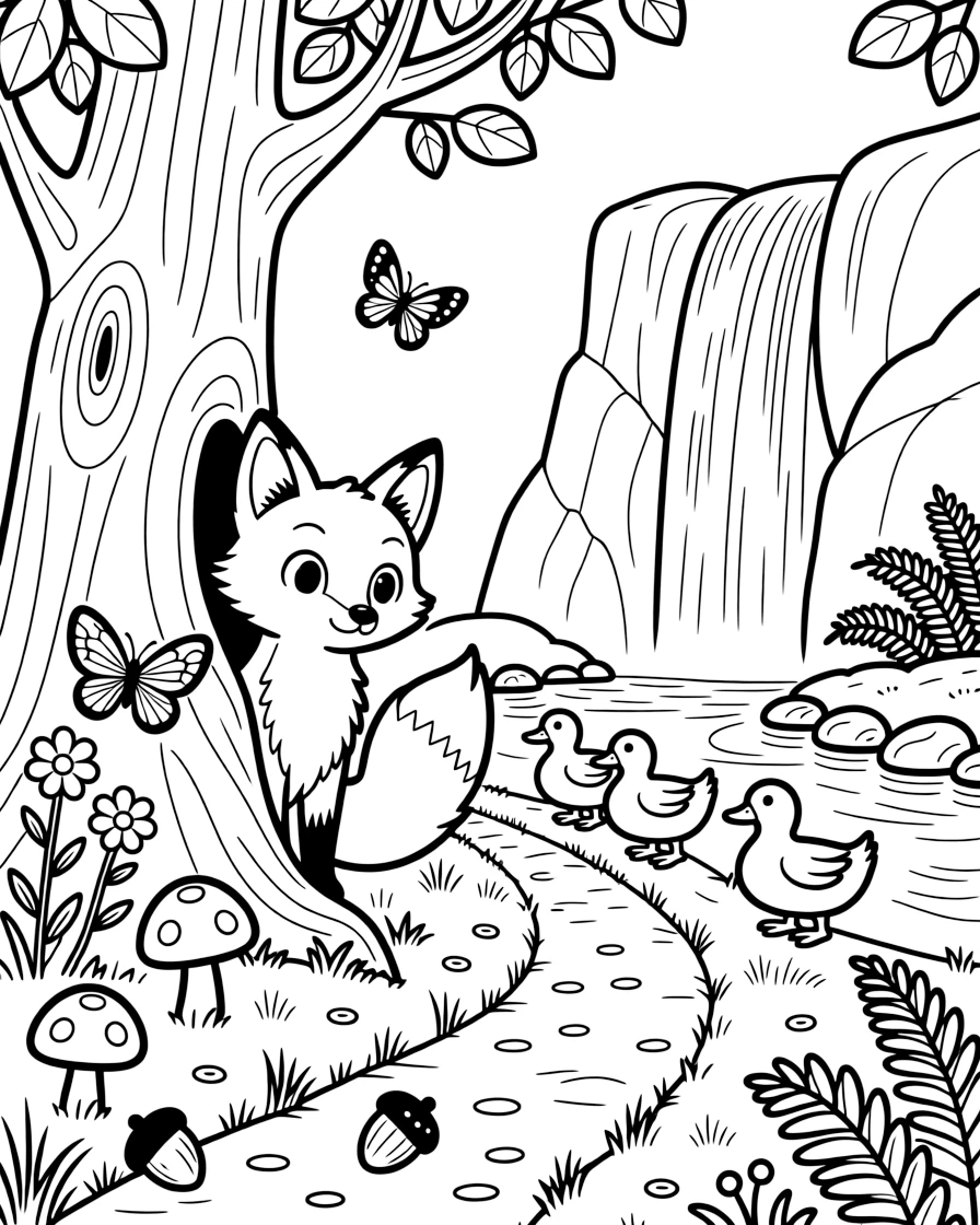 [Enchanted Forest] A curious fox pup peeks out from behind a giant tree trunk, sniffing at a trail of glowing mushrooms. Butterflies flutter between wildflowers while a family of ducks waddles across the path toward a stream. A tall waterfall trickles into a small pond edged with smooth stones and clusters of wild ferns. Sunlight filters through the leaves, and a trail of fallen acorns leads toward a hidden clearing sparkling with morning dew.