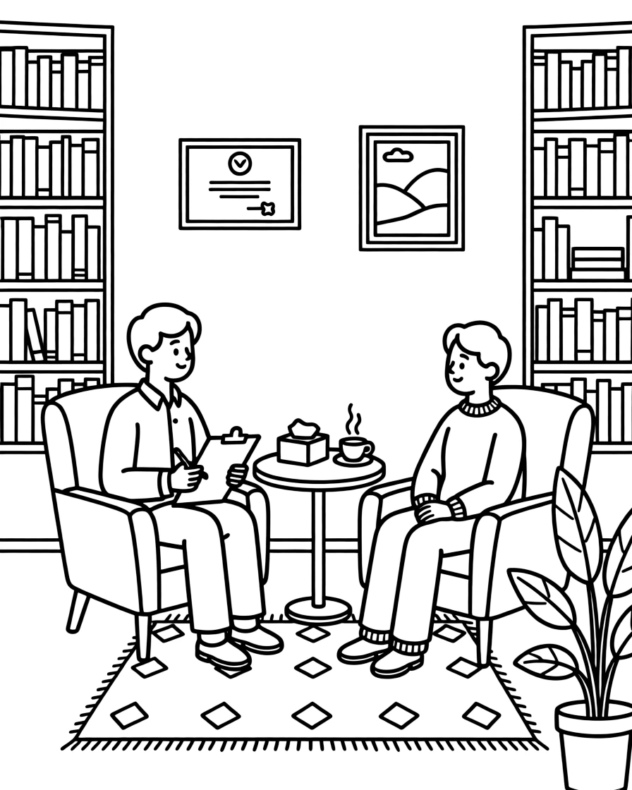 A psychiatrist sits across from a patient in a comfortable office lined with bookshelves.