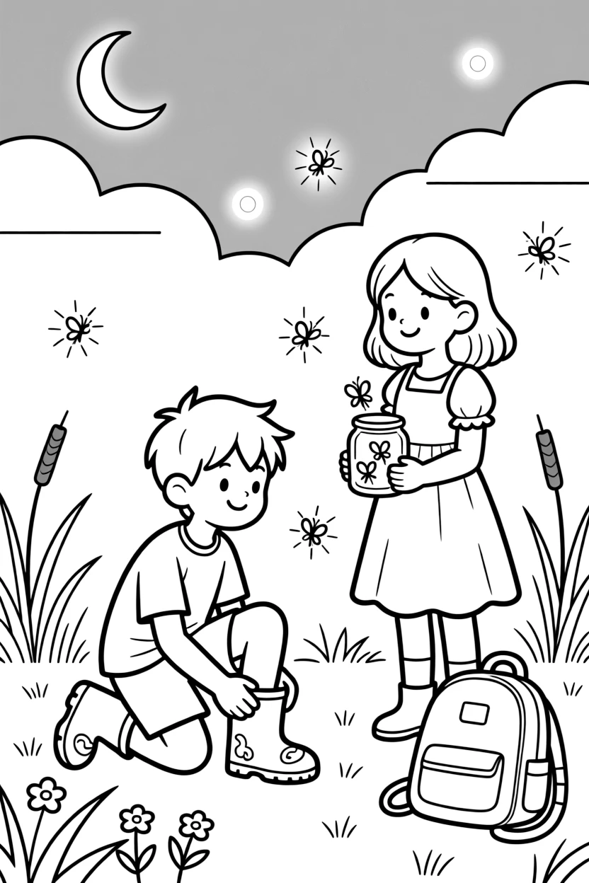A boy with a backpack putting on rain boots with a stepsister with fireflies glowing at dusk.