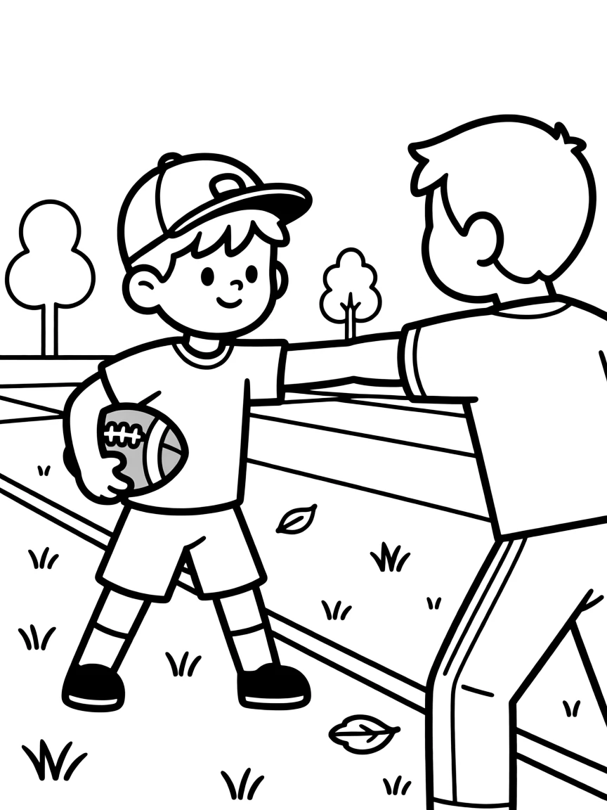 A confident boy wearing a bright cap, carrying the football tucked tight while stiff-arming a defender near the sideline.