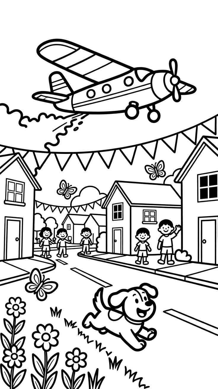 In this scene, a wildfire fighting plane dropping a splash of water is the star of a neighborhood street decorated for a holiday parade, joined by an excited puppy chasing along the road, with a string of triangle pennant flags overhead and butterflies fluttering near a patch of wildflowers scattered throughout for kids to color.