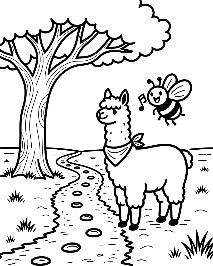A bumblebee singing a cheerful tune with a llama along a dusty savanna trail, near a towering oak tree, with a trail of tiny footprints in the mud.