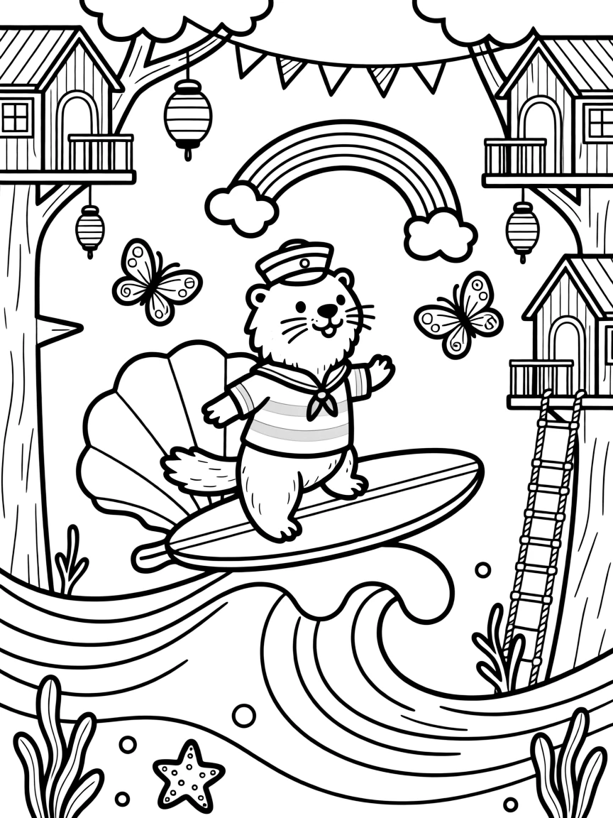 A fluffy sea otter sailor takes a break from adventures to try riding a wave on a surfboard shaped like a shell in a treetop city connected by zip lines, with a rainbow of butterflies fluttering by close behind. It feels like the best day ever for everyone involved.
