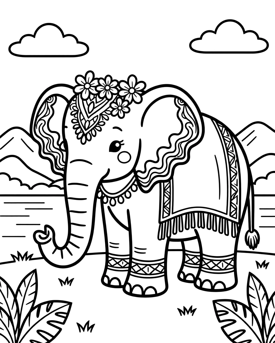 A coloring page of a friendly elephant decorated with colorful painted patterns in Thailand, set against a scenic backdrop with soft clouds and a distant mountain or shoreline.