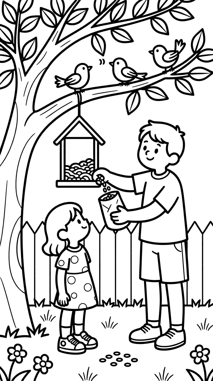 a determined older brother and his little sister listens to birdsong while filling a feeder with seeds in a backyard tree.