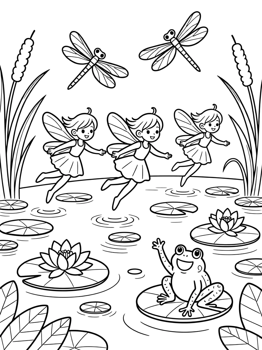 A group of fairies ride dragonflies in a race around a lily pond, weaving between tall cattails as frogs cheer them on from lily pads.