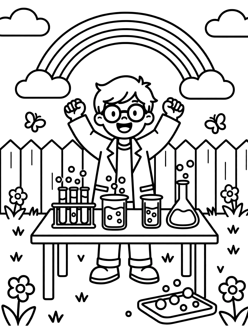 [Science Experiments] a young scientist mixing bubbling liquids watching colorful bubbles fizz over the top in a sunny backyard, cheering with both fists raised, while colorful bubbles overflow onto a tray fills the surrounding area. Simple lab tools fill the tabletop. Set during a bright summer day, with a rainbow arching overhead, the page bursts with adventure and imagination.