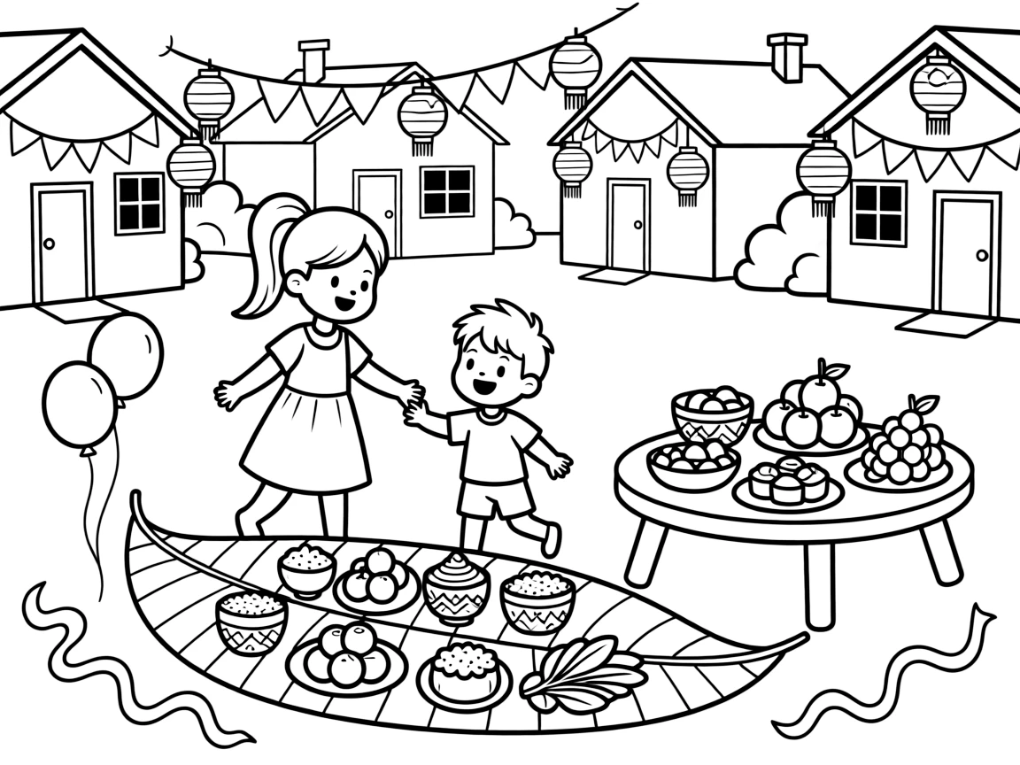 A banana leaf feast spread with many dishes in a neighborhood where every house has festive decorations, with a big sister and her little brother playing close by amid a plate of traditional festive treats and a table set with special holiday dishes.
