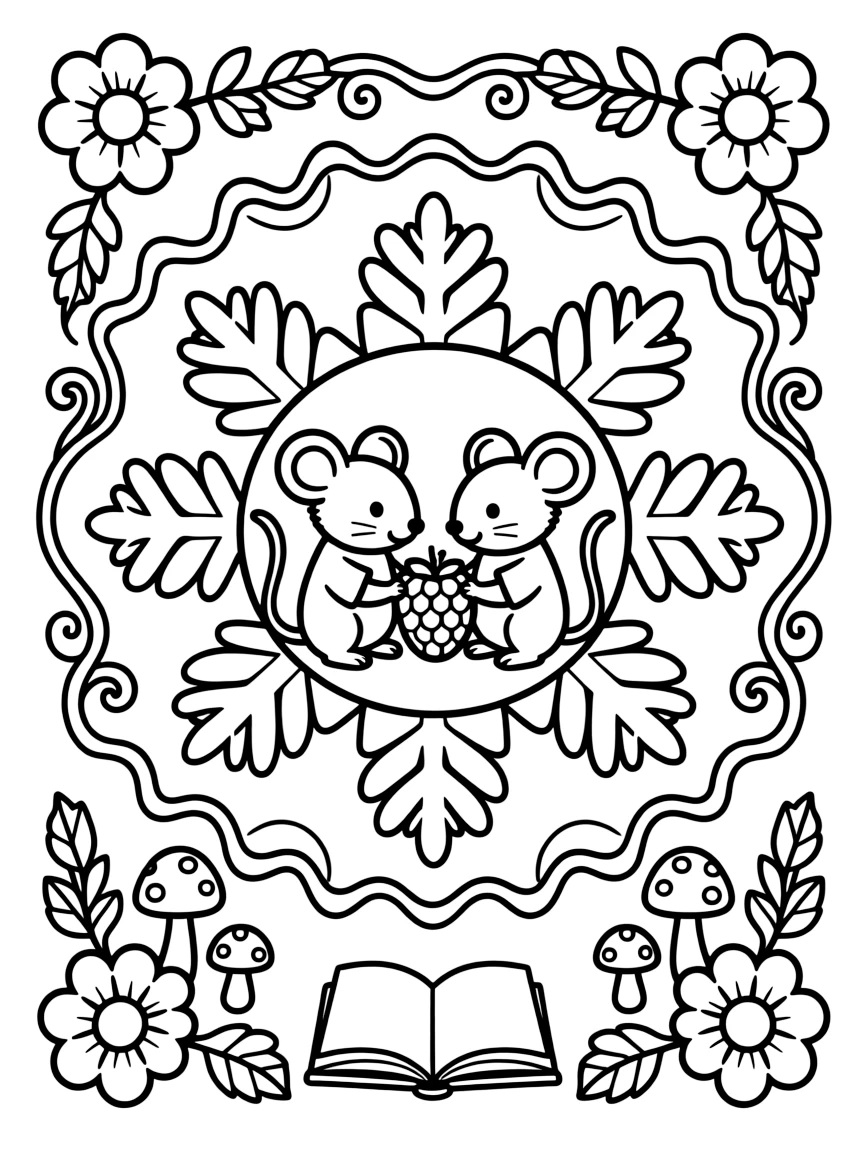 Woodland Animals: The page presents a small themed scene built around a family of woodland mice sharing a berry, tied together by a snowflake-shaped mandala with six symmetrical arms. The scene is set within a framed scene where every element on one side is echoed by a twin on the opposite side. Decorative details fill the surrounding space, including layered flower rosettes, swirling vine tendrils, and rows of curling wave shapes woven throughout the background. A playful extra touch completes the page: a tiny open book resting at the base of the design.