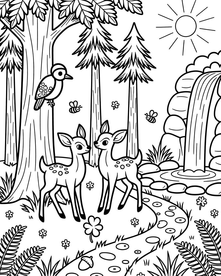 [Enchanted Forest] Two young deer play tag around a cluster of tall pine trees in a sunlit forest clearing. A woodpecker taps at a tree trunk overhead as bumblebees buzz around a patch of clover. A tall waterfall trickles into a small pond edged with smooth stones and clusters of wild ferns. Sunlight filters through the leaves, and a trail of fallen acorns leads toward a hidden clearing sparkling with morning dew.