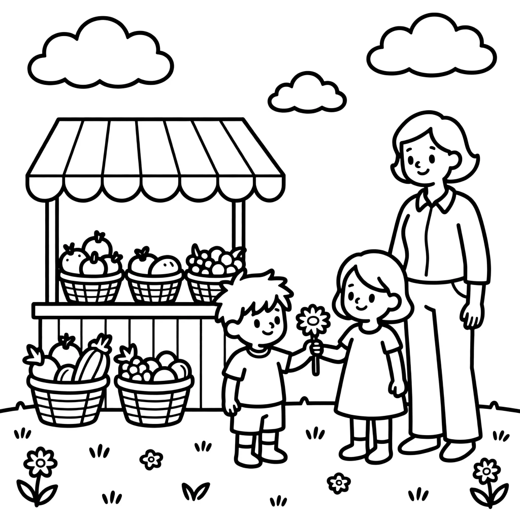 A curious toddler picking a daisy with a foster family at a farmers market stall while fluffy clouds drift by.