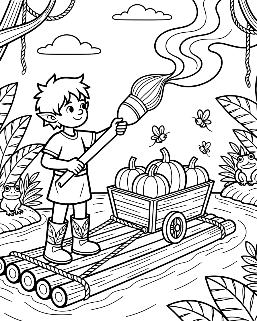 A plucky acorn elf is painting the sky with a giant paintbrush on a raft floating down a lazy jungle river, joined by a wagon overflowing with glowing pumpkins and twinkling fireflies lighting up the path. It feels like the best day ever for everyone involved.