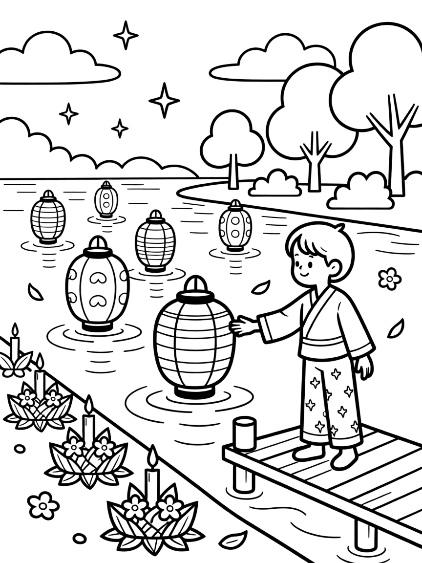 A coloring page highlighting a beloved cultural symbol from Thailand: floating lanterns drifting on a river during the Loy Krathong festival, displayed proudly with small decorative flourishes around it.