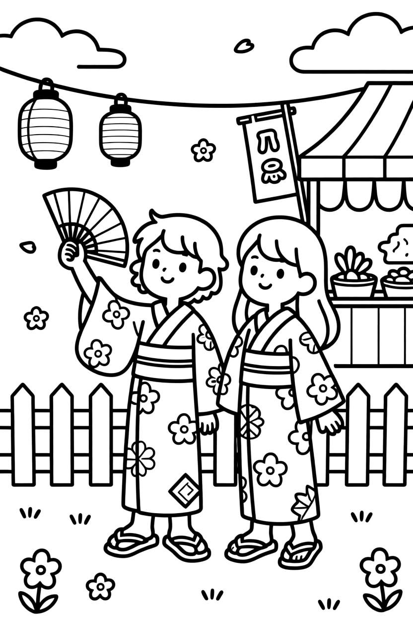 a curious pair of best friends tries on a kimono and waves a paper fan during a cultural festival day.