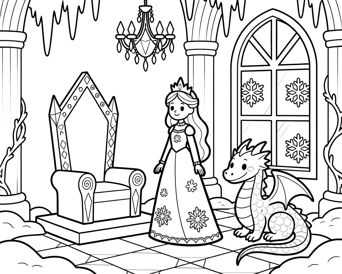 A snow queen's ice palace glitters with frozen chandeliers and crystal thrones, while a friendly ice dragon curls contentedly by a frosty window.