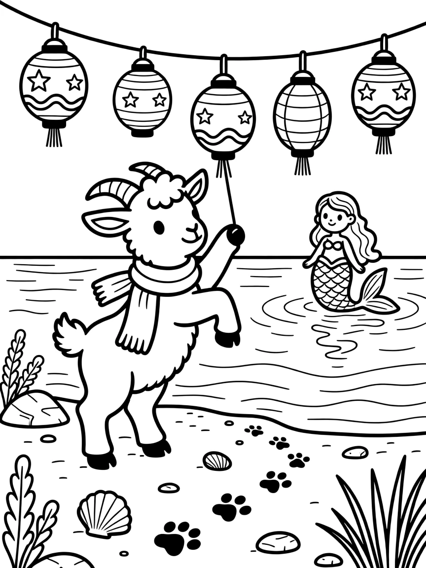 A bouncy baby goat is hanging paper lanterns for an evening celebration in a glowing mermaid lagoon. Nearby, a trail of tiny paw prints leading away and glittering seashells scattered on the sand make the scene feel magical.
